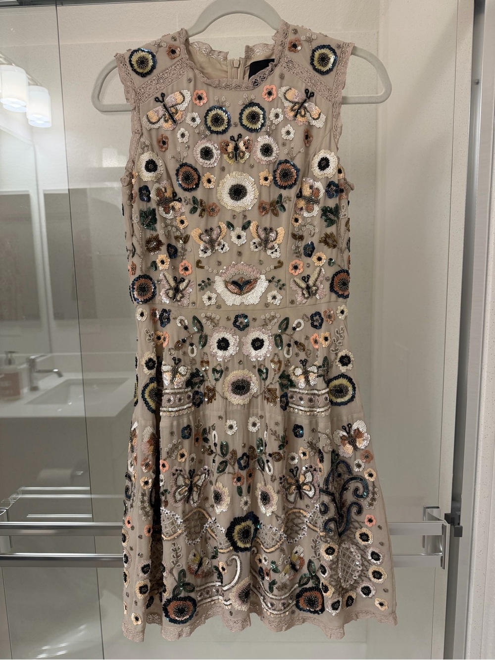 Needle & Thread Embroidered Floral Sleeveless Beige Dress